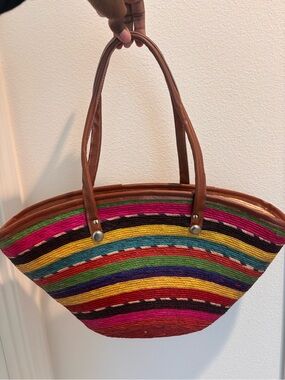 Vintage Woven Multicolor Stripe Shoulder Tote - Brown Handles